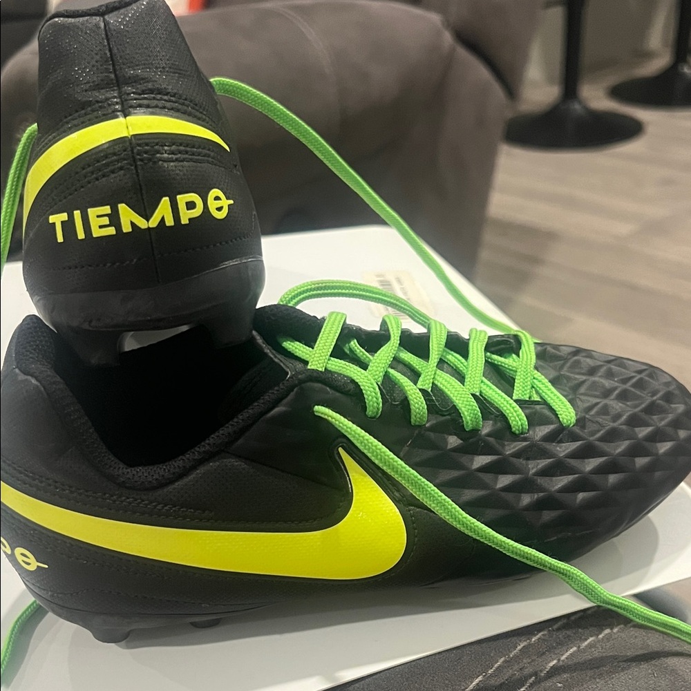 Nike Tiempo Black and Neon Yellow Cleats